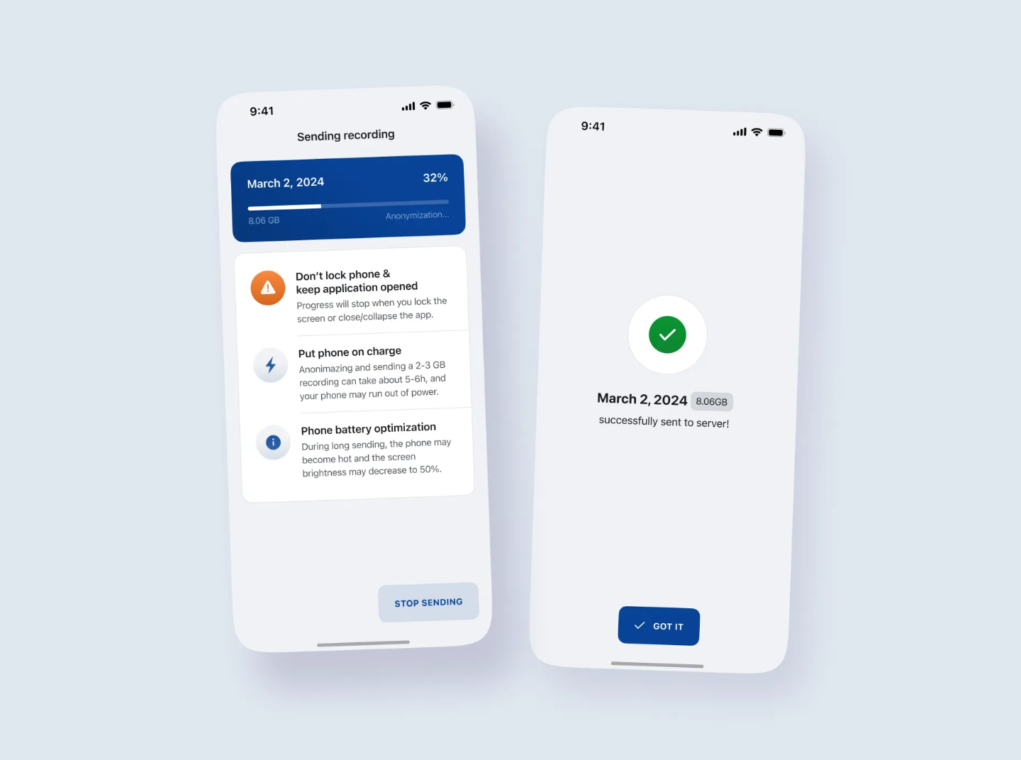 Medical recording app screen showing recording progress and guidance