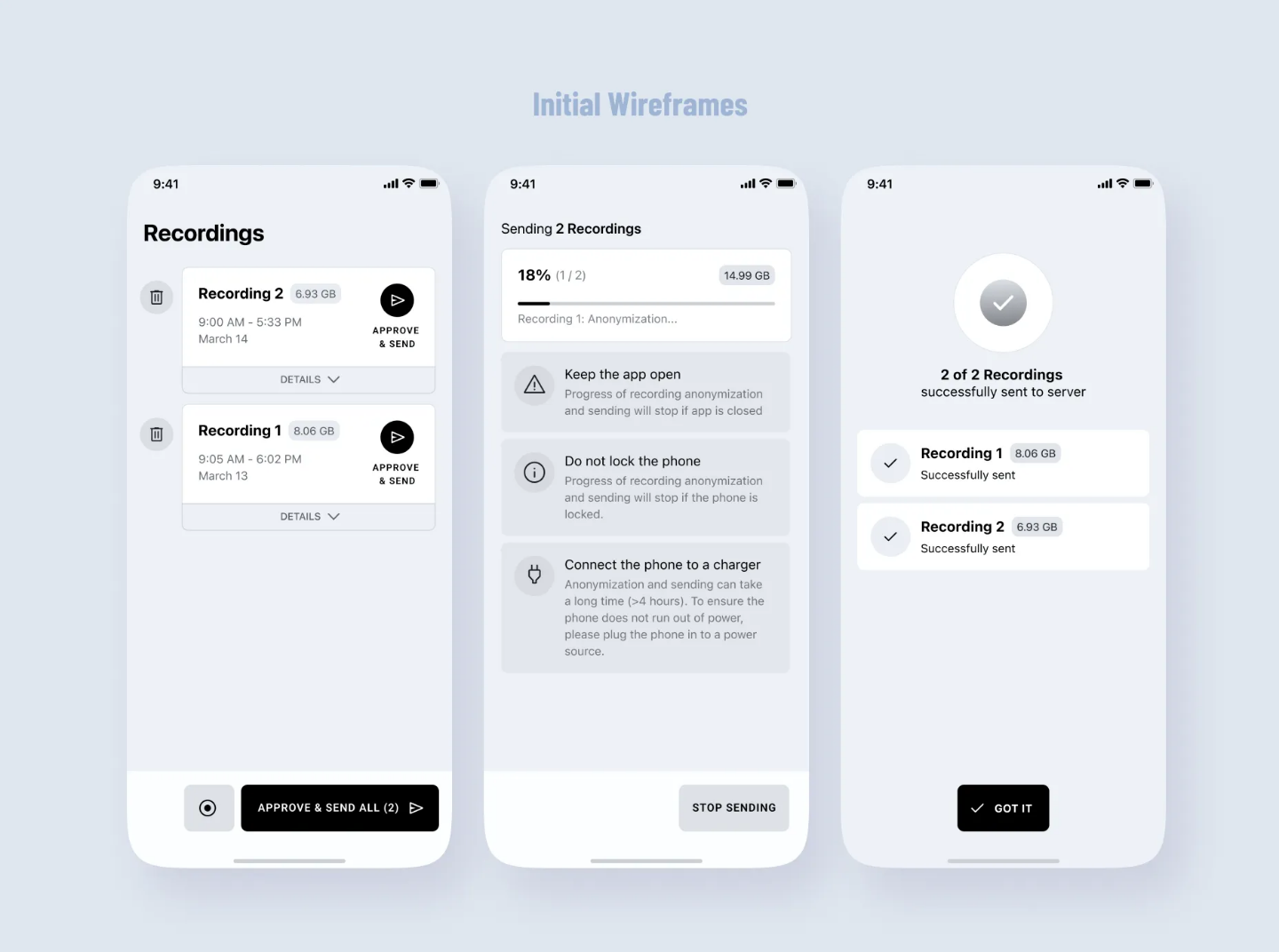 Medical recording app screen showing successful upload and confirmation