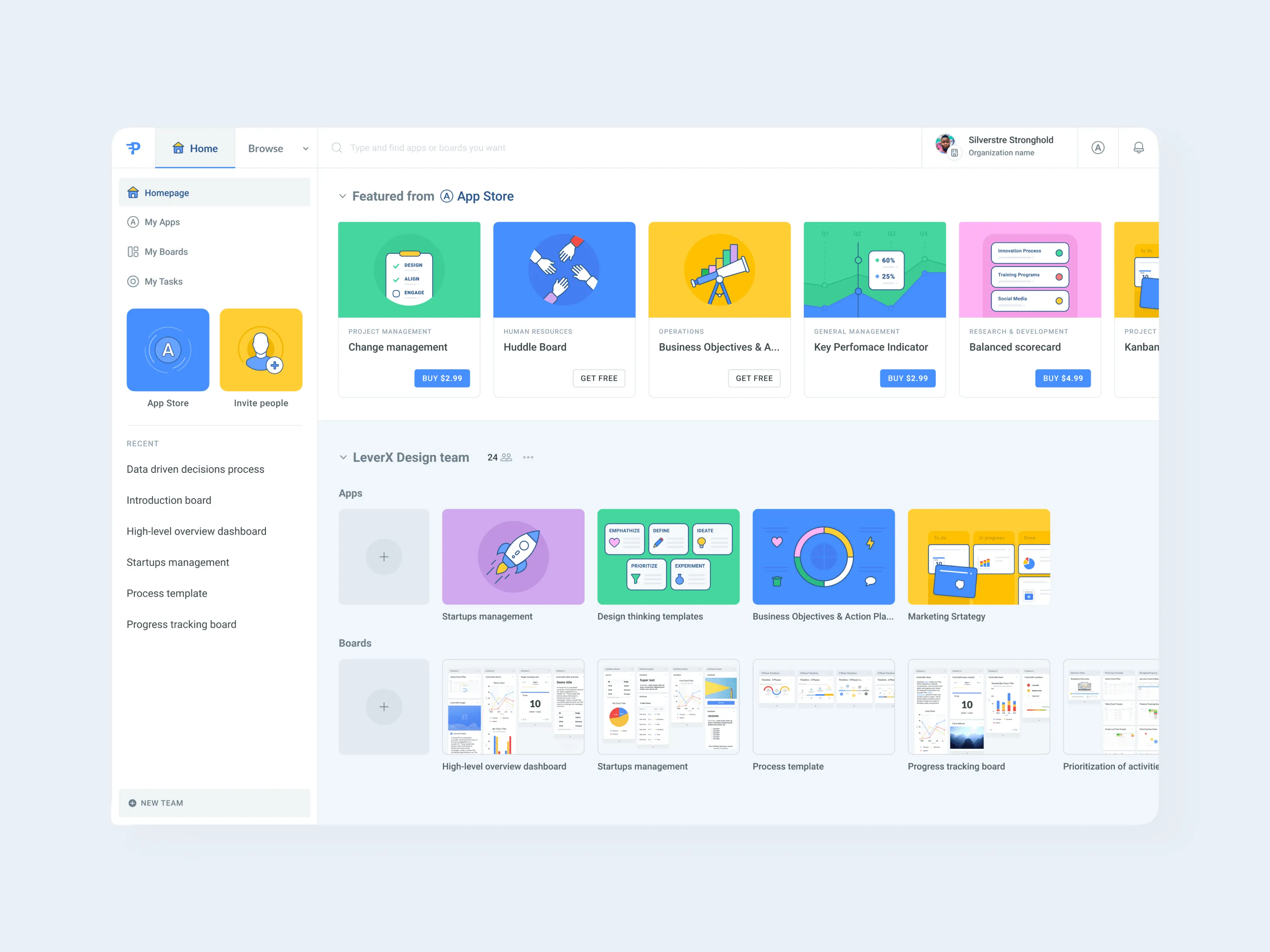 Praxie interface view of templates and collaboration widgets