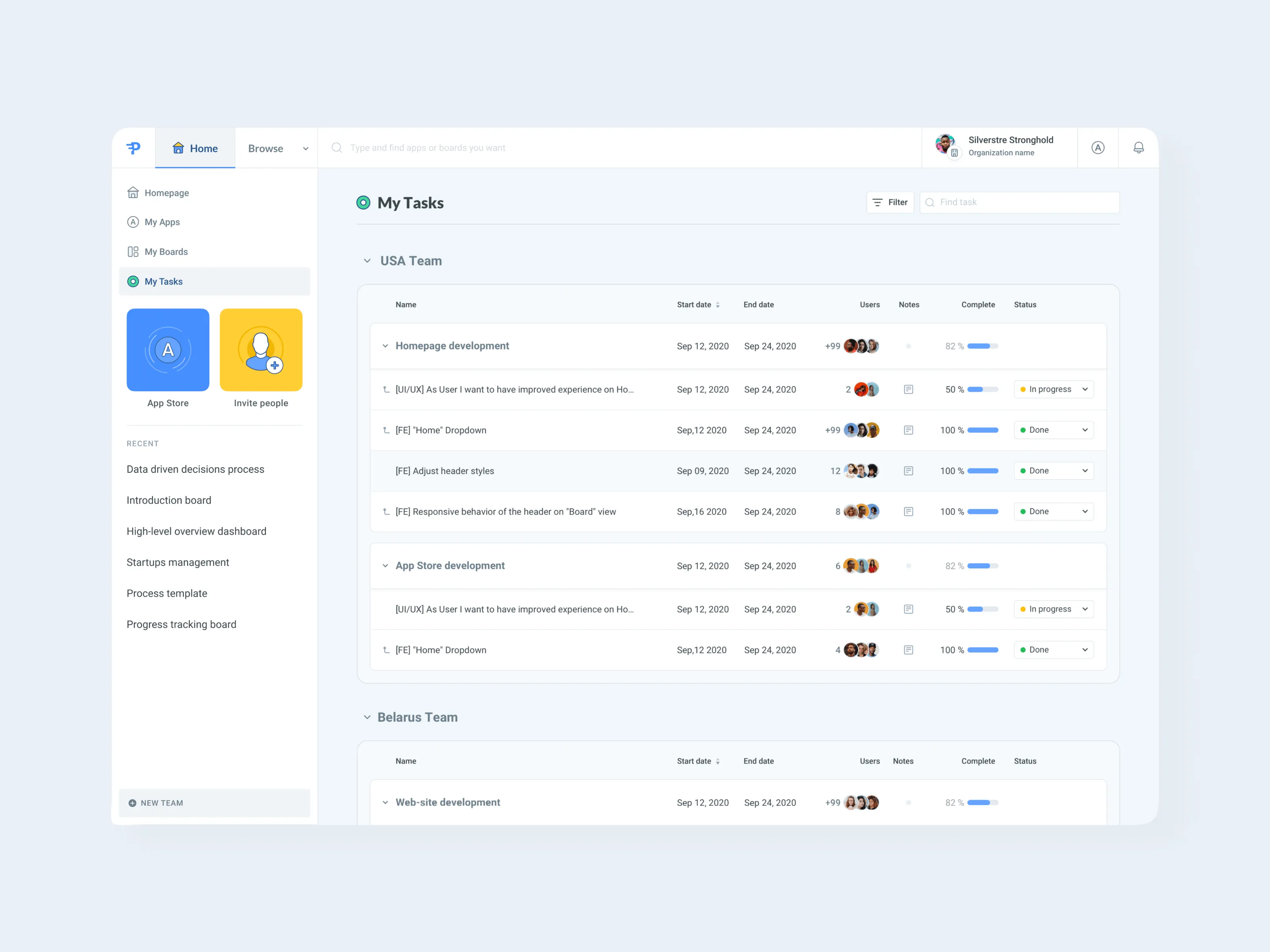 Praxie interface view of team productivity cards