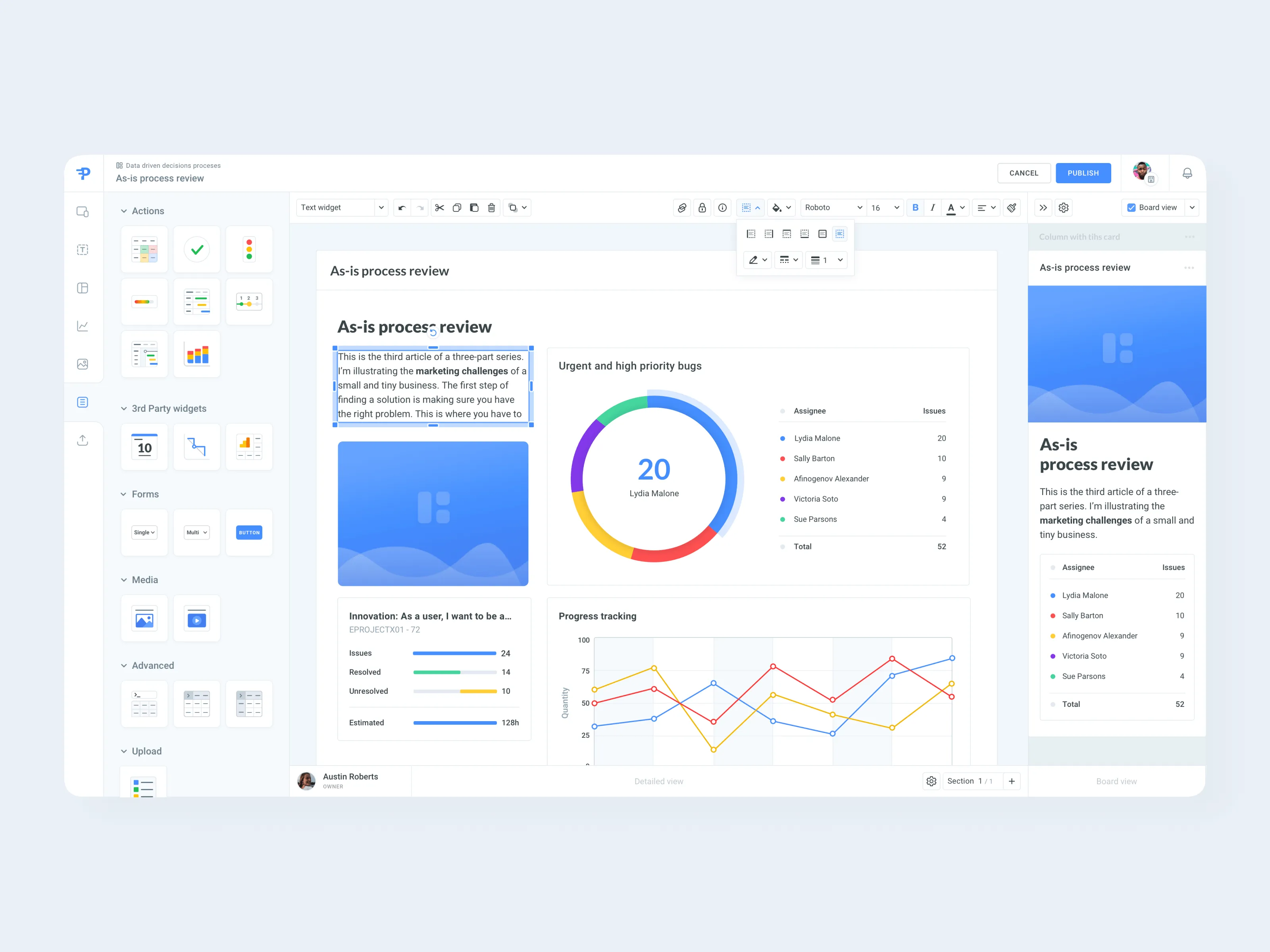 Praxie interface view of analytics and summaries